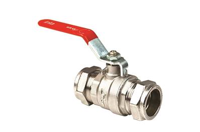 An image of Inta 22mm Full Bore Compression Ball Valve Red Lever Handle Lbv209322r