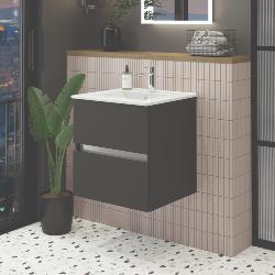 Newland 600mm Double Drawer Suspended Basin Unit With Ceramic Basin Midnight Mist