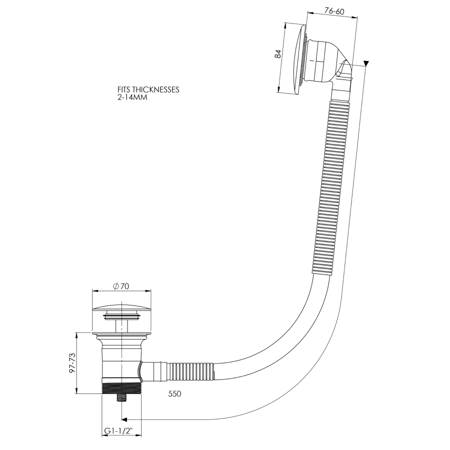Top Fix Bath Waste with Overflow 70mm G11/2" Chrome