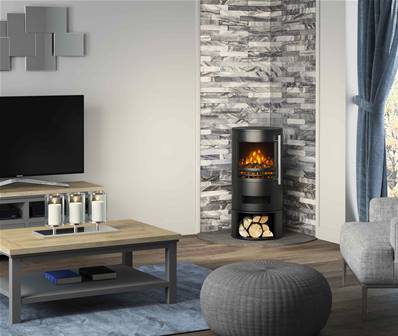 Be Modern FLARE Tunstall Cylinder Electric Stove with Logstore in Matt Black TSS-7