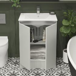 Newland 600mm Floorstanding Double Door Basin Unit With Ceramic Basin Pearl Grey
