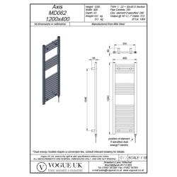 Vogue Axis 1200 x 400mm Straight Ladder Towel Rail - Heating Only (Chrome) MD062 MS12040CP