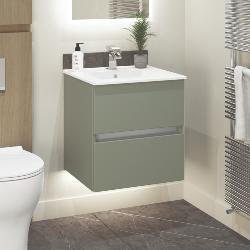 Newland 500mm Double Drawer Suspended Basin Unit With Ceramic Basin Sage Green