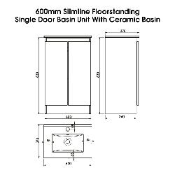Newland 600mm Slimline Floorstanding Double Door Basin Unit With Ceramic Basin Pearl Grey