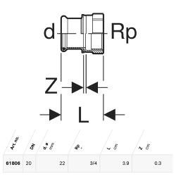 Geberit Mapress Copper Adaptor with feMale Thread: CC499K, d=15mm, Rp=1/2" - 61802
