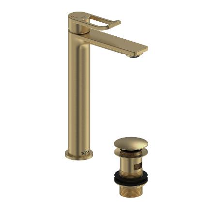 An image of Bristan Saffron Eco Start Tall Basin Mixer with Clicker Waste Brushed Brass SAF ...