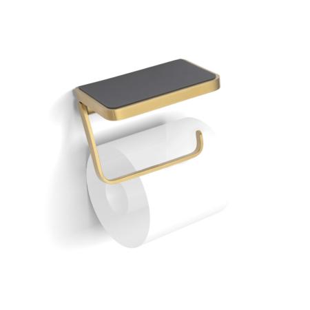An image of HIB Atto Brushed Brass Toilet Roll Holder with Shelf & Anti-Slip Mat ACTRHBB01