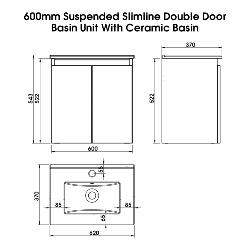 Newland 600mm Slimline Double Door Suspended Basin Unit With Ceramic Basin Pearl Grey