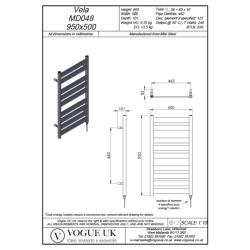 Vogue Vela 950 x 500mm Flat Crossbar Towel Rail - Heating Only (Chrome) MD048 MS0950500CP
