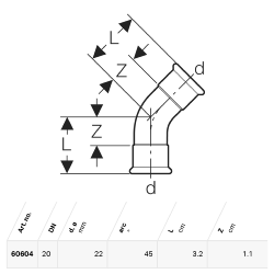 Geberit Mapress Copper Bend: 45°, d=22mm - 60604