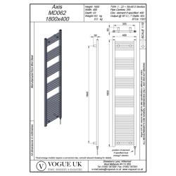 Vogue Axis 1800 x 400mm Straight Ladder Towel Rail - Heating Only (Chrome) MD062 MS18040CP
