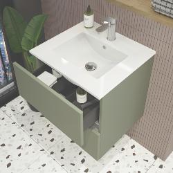 Newland 600mm Double Drawer Suspended Basin Unit With Ceramic Basin Sage Green