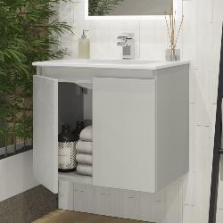Newland 600mm Double Door Suspended Basin Unit With Ceramic Basin Pearl Grey